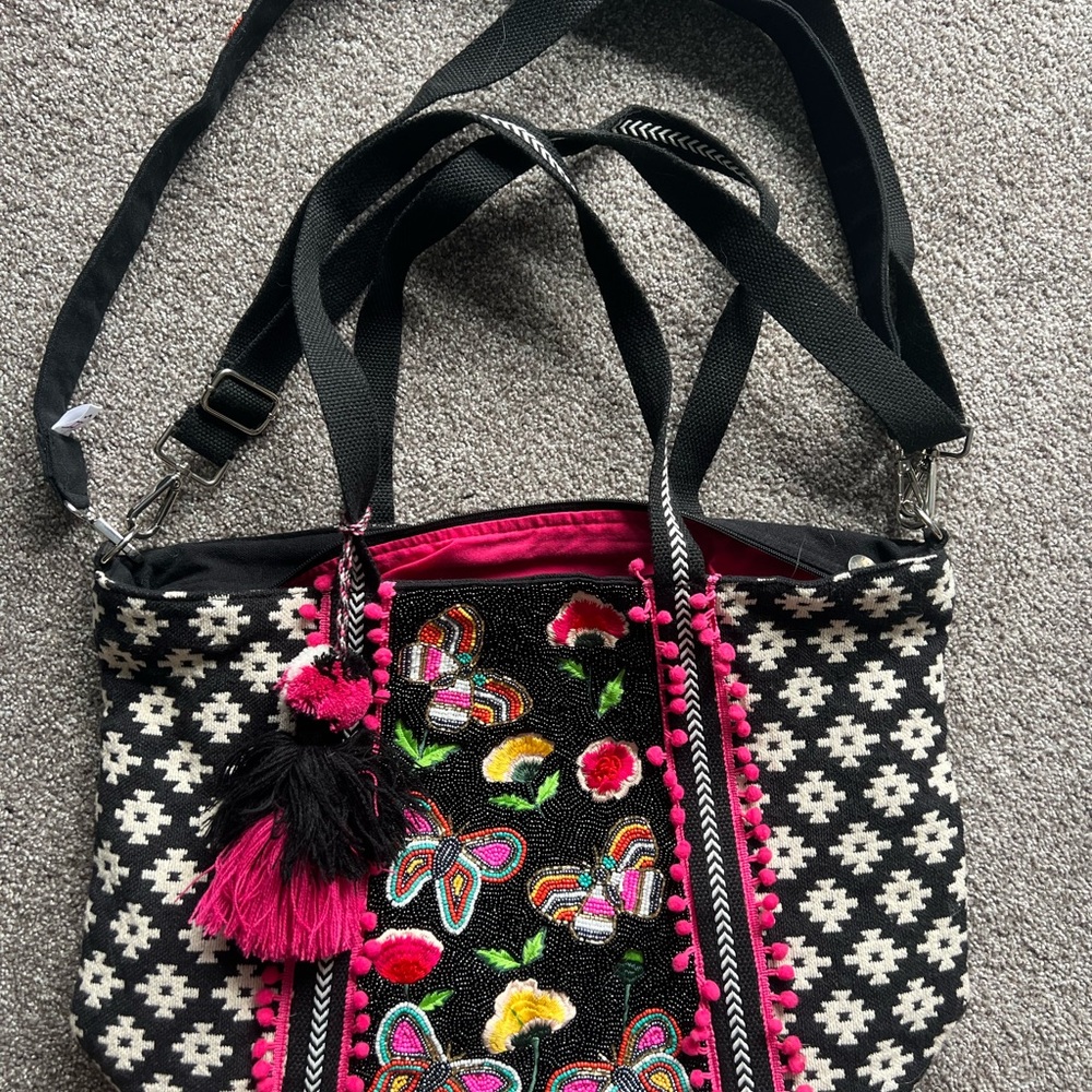 Embroidered Black and Pink Women's Bag
